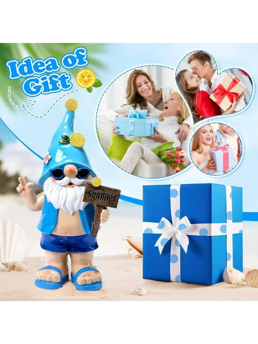 Funny Blue Gnome Statue for Garden Decor - Outdoor Summer Beach Theme Figurine